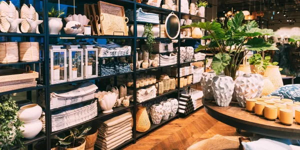 Chic home decor boutique with shelves of home goods